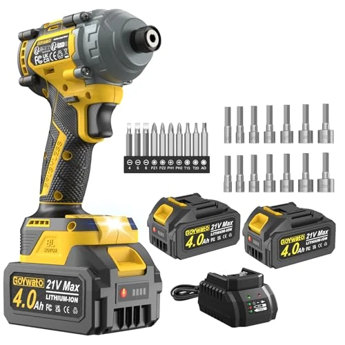 Offerta a tempo: Avvitatore ad Impulsi 290 Nm, 21V Brushless Avvitatore a Impulsi, 1/4" Avvitatore a Percussione con 2 Batteria 4,0 Ah & 10 Punte & 14 Prese per Cacciavite Lavori di Serraggio Delle Viti, Giallo - 0.00% da 49.99 € a 49.99 €