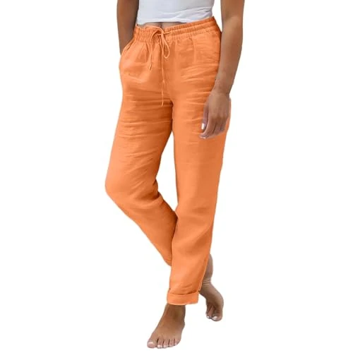Offerta a tempo: RUIRUILICO Pantaloni Lino Donna Leggeri Vita Alta Pantaloni Estivi a Gamba Dritta Casual Eleganti Taglie Forti Pantalone da Spiaggia Sportivo Vacanza Pants con Tasche - 0.00% da 19.98 € a 19.98 €