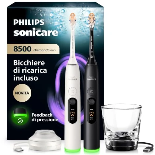 Offerta a tempo: Philips Sonicare Next-Generation DiamondClean 8500 Spazzolino elettrico - con Feedback di pressione, 18 impostazioni, bianco polvere e nero, confezione da 2, HX8596/21 - 42% da 649.99 € a 379.99 €
