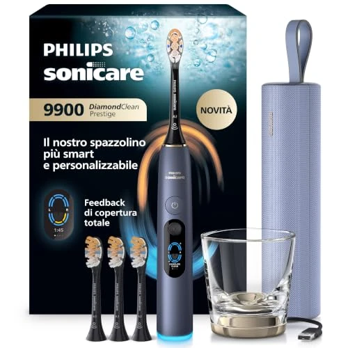 Offerta a tempo: Philips Sonicare Next-Generation DiamondClean 9900 Prestige Spazzolino elettrico - con SenseIQ, Feedback di copertura totale, Feedback di pressione, 24 impostazioni, blu tempesta, HX9815/98 - 55% da 749.99 € a 339.99 €