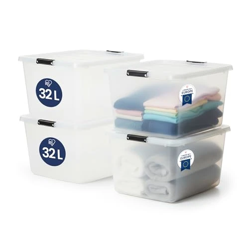 Offerta a tempo: Iris Ohyama, Scatola portaoggetti in plastica con coperchio, 32 l, confezione da 4, trasparente, clip di chiusura, maniglia, impilabile, organizzazione solida e durevole, per camera, spogliatoio - 21% da 52.99 € a 41.79 €