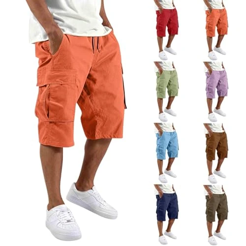 Generico Short cargo pour homme avec cordon de serrage, bermuda d'été couleur unie avec plusieurs poches, pantalon court de travail, classique, léger, décontracté, short pour vacances et travail en