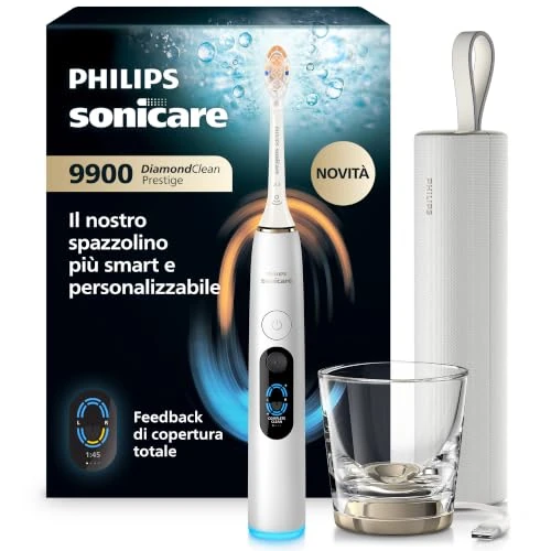 Offerta a tempo: Philips Sonicare Next-Generation DiamondClean 9900 Prestige Spazzolino elettrico - con SenseIQ, Feedback di copertura totale, Feedback di pressione, 24 impostazioni, bianco argento, HX9813/91 - 36% da 549.99 € a 349.99 €
