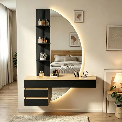 Offerta a tempo: TRIUMPHKEY Tavolo da Trucco Sospeso con Luci LED e Specchio HD Dimmerabile, Moderno Comò da Camera da Letto con Ampio Spazio di Archiviazione, Toeletta Salvaspazio da Parete (Nero) - 5% da 209.90 € a 199.99 €