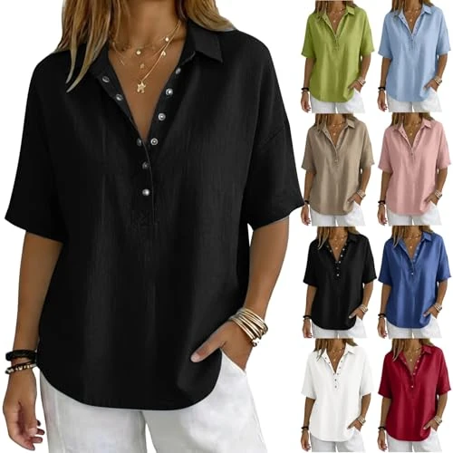 Offerta a tempo: Generico Camicia Estiva Donna Blusa Lino Elegante Camicetta Manica Corta Scollo a V Button Down Magliette Tinta Unita Cotton Lavoro Casual Tops Estive T Shirt - 0.00% da 25.98 € a 25.98 €