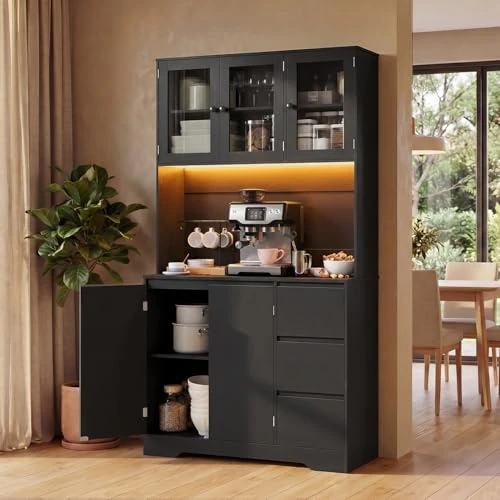 Oferta limitada: Xbro Alacena de Cocina con LED y Placa Perforada, Armario Cocina con 5 Puertas y 3 Cajones,Armario Cocina Almacenaje para Cocina, Comedor, Salón, 100 x 40 x 180 cm, Negro de 189.99 € a 180.49 € (ahorro 5%)