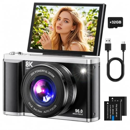 Offerta a tempo: Fotocamera Digitale 8K 96MP con WiFi e Zoom Digitale 20X, Macchina Fotografica Digitale Compatta, Autofocus e Stabilizzazione, Schermo Ribaltabile 3,5" 180°, SD 32GB e 2 Batterie - 13% da 149.99 € a 129.99 €