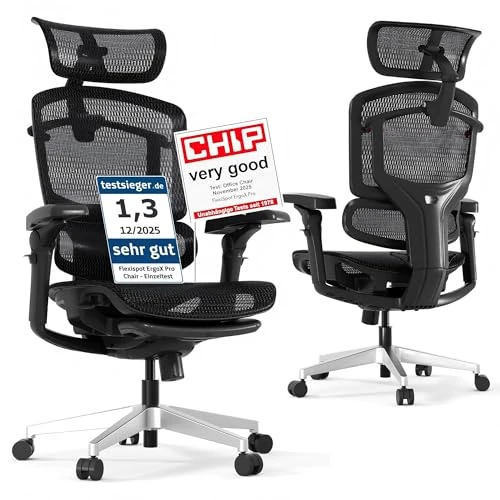 Offerta a tempo: FLEXISPOT ErgoX Pro Sedia da Ufficio Ergonomica con Poggiapiedi, Altezza Regolabile a 12 Livelli, Braccioli 7D, Supporto Lombare 5D, Poggiatesta 4D, Portata 250 kg e Seduta in Rete Traspirante – Nero - 22% da 449.99 € a 351.49 €