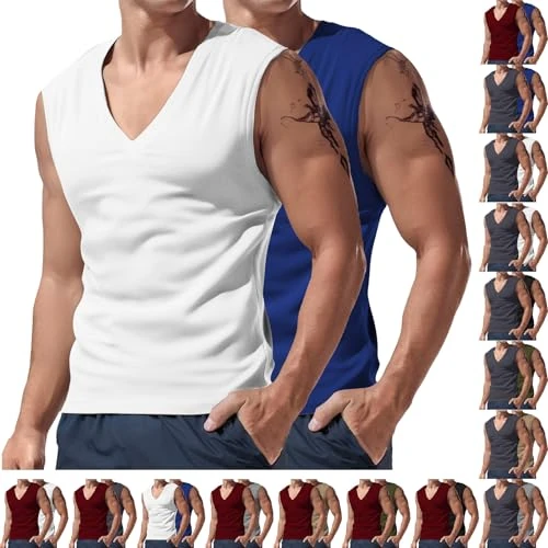 Generico Tanktop voor heren, mouwloos met V-hals, zomerhemd voor heren, effen, tanktop, sport, spierpasvorm, ademend, casual, bodybuilding-shirt, verpakking van 2 stuks, 01#Marina, S