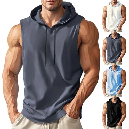 Offerta a tempo: Canotta con Cappuccio da Palestra Felpa con Coulisse Tinta Unita Senza Maniche Collo Rotondo Canottiera Corsa alla Moda Tshirt Smanicata Comodo Casual Gym Tank Top per Bodybuilding - 0.00% da 15.98 € a 15.98 €