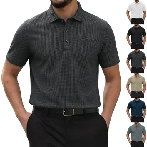 Limited-time offer: Generico Men's Office Polo Shirt Short Sleeve Solid Color Reverse Collar Polo Shirt Slim Fit Golf Shirt Men Casual Button Down Shirt Summer Lightweight Formal Work Wear, 01#Dark Grey, S from 26.06 £ to 26.06 £ (save 0.00%)