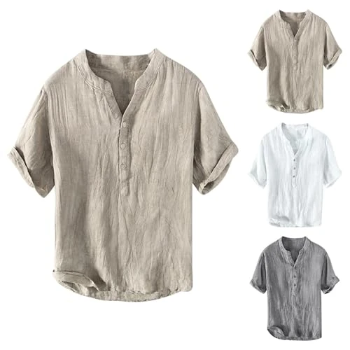 Offerta a tempo: Camicia Uomo in Lino Manica Corta con Bottoni Girocollo Magliette Uomo Estive Tinta Unita Ampia Henley Shirts Leggera Maglietta Traspirante T-Shirt Vacanza Cotone per Spiaggia - 0.00% da 19.98 € a 19.98 €