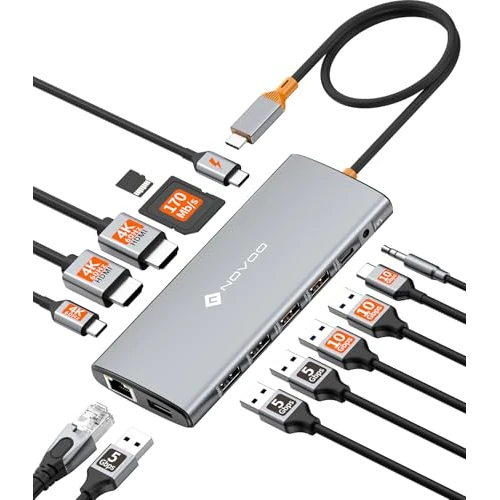 Offerta a tempo: NOVOO Docking Station USB C 14 in 1 Triplo Display, 2 HDMI e USB-C Video 4K@60Hz, PD 100W, USB 10Gbps, Ethernet Gigabit - 0.00% da 49.99 € a 49.99 €