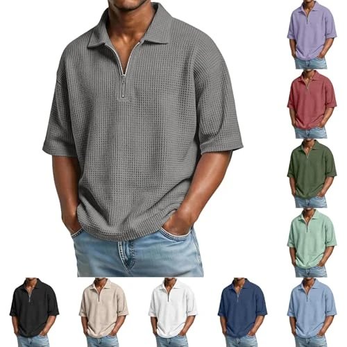 Offerta a tempo: Generico Polo Uomo Manica Corta Waffle Tinta Unita Magliette Polo Uomo Colletto Rovesciato con Zip Vacanza Maglietta con Cerniera vestibilità Ampia Camicia Estiva per Spiaggia, Golf, Lavoro Outdoor - 0.00% da 29.98 € a 29.98 €