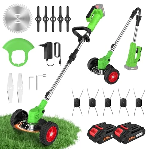 Oferta limitada: Desbrozadora a Batería Plegable con Ruedas, Cortabordes Eléctrico 800W 4 en 1, 2 Baterías 21V, Compatible con Makita 18V, 13 Accesorios, Cabezal 90°, Mango Ajustable, para Jardín y Maleza de 79.99 € a 59.99 € (ahorro 25%)
