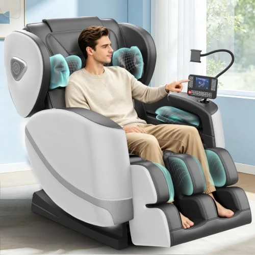 Offerta a tempo: Poltrona Massaggiante per Tutto il Corpo con Rulli e Airbag, Funzione Zero Gravity, Altoparlanti Bluetooth e Touchscreen, Funzione Riscaldante per Vita e Gambe, con Massaggio Plantare (Grigio Chiaro) - 22% da 729.99 € a 569.99 €