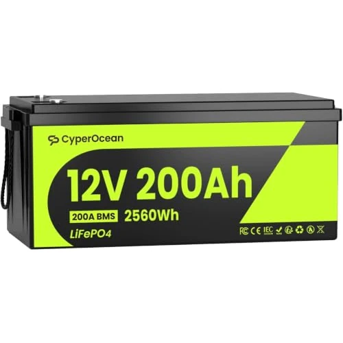 Offerta a tempo: CyberOpean 1 PACK Batteria LiFePO4 12V 200Ah, 2560Wh Totale Celle Grado A, BMS 200A per Batteria, 6000+ Cicli, IP65, per Camper Solare Off-Grid e Carrelli Elettrici - 53% da 599.00 € a 279.99 €