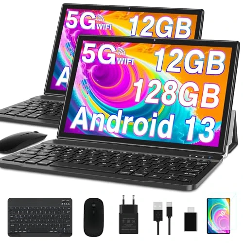 Offerta a tempo: SUAAT Tablet Android da 10 pollici con 12 GB RAM + 128 GB ROM (2 TB TF), 5 G/2.4 G WiFi, Quad-Core, GPS, Bluetooth 5.0, 8 MP + 5 MP, tipo C, tablet touch con custodia, tastiera e mouse, colore: Nero - 59% da 195.11 € a 79.99 €