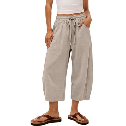 Offerta a tempo: RUIRUILICO Pantaloni Capri Donna Estivi Leggeri Casual Pantaloni Lino Elastico in Vita Eleganti Pantalone 3/4 a Gamba Dritta con Tasche Spiaggia Comodi Linen Pants - 0.00% da 23.98 € a 23.98 €