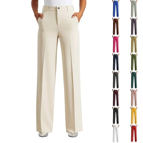 Offerta a tempo: Generisch Pantaloni da donna eleganti per lavoro, lavoro, ufficio, gamba dritta, in tessuto, vita alta, pantaloni lunghi chino, larghi, per il tempo libero, leggeri, palazzo, A1 beige., XXL - 0.00% da 26.99 € a 26.99 €