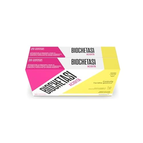 Offerta a tempo: Biochetasi Acidità, Integratore Alimentare per Pesantezza, Gonfiore e Acidità di Stomaco, Senza Glutine e Lattosio, 20x2 Compresse Masticabili Gusto Limone - 44% da 28.60 € a 15.94 €