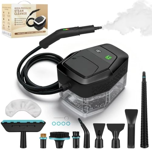 Tijdelijke aanbieding: Stoomreiniger, draagbare stoomreiniger, 1500 W, handstoomreiniger, snel opwarmen in 15 seconden, 1,8 l watertank, met 12 accessoires voor auto's, zwart (houd 3 seconden tot het start) van 119.99 € naar 119.99 € (0.00% korting)