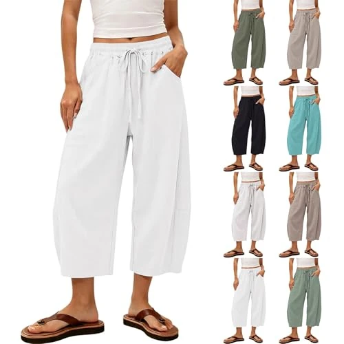 Offerta a tempo: Pnfoeknev Pantaloni Donna Estivi Leggeri Comodi Taglie Forti Casual Cotone e Lino 7/8 Pantalone Gamba Larga Pantaloni Elastici in Vita Tinta Unita Harem Pants Palazzo con Coulisse Vacanze Mare - 0.00% da 25.98 € a 25.98 €