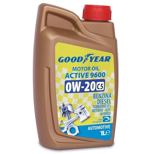 Offerta a tempo: Goodyear Olio Motore 0W-20 C5 Benzina, Diesel e Hybrid, 4 Stagioni Active 9600, 100% Sintetico ad Alta Efficienza Fuel Economy, Massima Fluidità e Protezione Long Life, ACEA C5 API SN, 1L - 0.00% da 19.90 € a 19.90 €
