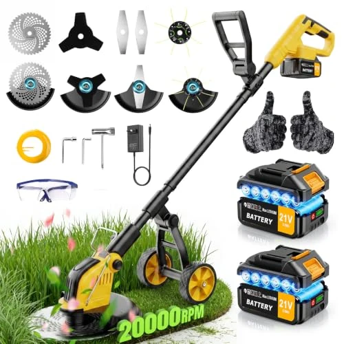 Limited-time offer: 4-in-1 Battery Grass Trimmer with Wheels, 30 cm Electric Grass Trimmer with 2 x 3000 mAh Batteries and Charger, 800 W Brushless Motor, 21 V Brush Cutter with 4 Blade Types for Gardens, Yards and from 107.22 £ to 107.22 £ (save 0.00%)