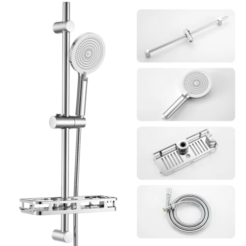 Offerta a tempo: Auralum Saliscendi Doccia con Soffione e Mensola Doccia, Asta per Doccia Acciaio Inox 70cm, Colonna Doccia con Tubo Flessibile 1,5m e Soffione 4 Funzioni (12.7cm) e Supporto Soffione Doccia, Cromato - 24% da 45.99 € a 34.95 €