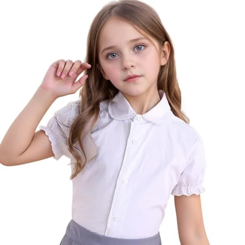 Offerta a tempo: Lggwunsi Camicia Bianca Bambina Cotone Maniche Corte Maglietta Bambina Leggera Traspirante Elegante Camicia Con Bottoni Volant Farfalla Classico Formale Magliette Ragazza per Uniforme Scolastica - 0.00% da 15.98 € a 15.98 €