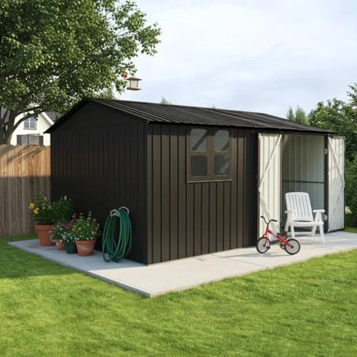 Oferta limitada: Cobertizo de metal para jardín, 362 x 285,5 cm, resistente a la intemperie, con ventana, puerta con cerradura y techo a dos aguas, 10,34 m², para jardín, terraza y patio trasero, color marrón y negro de 592.00 € a 592.00 € (ahorro 0.00%)
