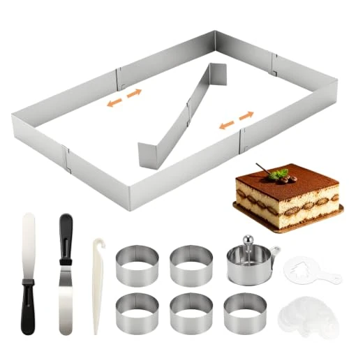 Offerta a tempo: VINATO Stampo Regolabile 19-34x28-53cm, Set 13 Pezzi con 6 Stampi Rotondi, Lisciatore per Glassa, Spatola, Sollevatorte, in Acciaio Inox, Antiaderente, per Torte, Biscotti, Mousse, Quiche - 0.00% da 19.99 € a 19.99 €