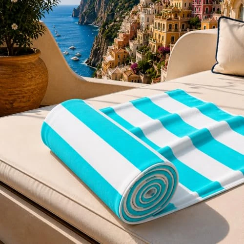 Offerta a tempo: PETTI Artigiani Italiani - Telo Mare Microfibra, Asciugamano Mare o Piscina, Telo per Lettino Spiaggia, Grande 90x180 cm, Righe Bianco Tiffany - 50% da 19.90 € a 9.99 €