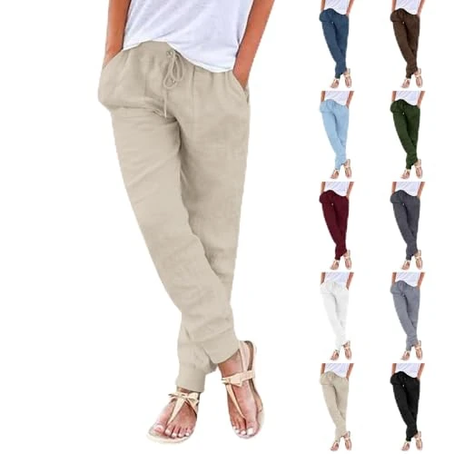 Offerta a tempo: Fccrian Pantaloni Lino Donna Estivi Pantalone Leggero Larghi Elastico Eleganti Pantaloni Gamba Dritta Tinta Unita Casual da Spiaggia Leggeri Comodi con Tasche Coulisse Pantalone Vita Alta Elegante - 0.00% da 27.98 € a 27.98 €