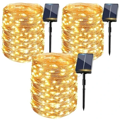 Offerta a tempo: Luci Solari Esterno 3 Pacchi, 15+2M 150LED Catena Luminosa Esterno Solare IP65 Impermeabili 8 Modalità Bianco Caldo Filo di Rame, Luci Solari da Giardino Decorative Per Albero Patio Terrazze Balcone - 23% da 17.99 € a 13.80 €
