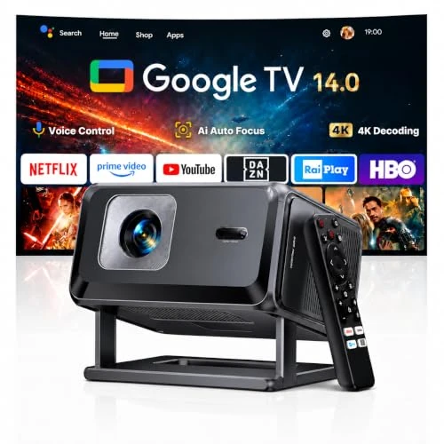 Offerta a tempo: Proiettore 4K【Google TV 14】Proiettores Auto Focus e 6D Keystone Projector a Focale Corta Proiettore Portatile WiFi Bluetooth Proiettori Rotabile Videoproiettore Home Cinema per Casa e Esterno/HDMI/USB - 35% da 319.99 € a 208.13 €