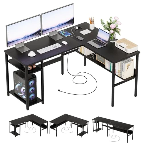 Offerta a tempo: Homieasy Scrivania Angolare 128cm con Prese e USB, Nero | Design Reversibile, Supporto CPU e Ripiano, Salvaspazio per Casa e Ufficio, Metallo e MDF - 40% da 119.99 € a 72.19 €