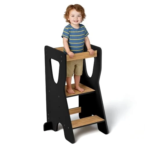 Oferta limitada: COSYLAND Torre de Aprendizaje Montessori de Madera – Altura Ajustable en 3 Niveles – para Niños Desde 18 Meses – con Barandillas de Seguridad – Estable y Fácil de Montar – Negro Oscuro, Forma R de 69.99 € a 59.49 € (ahorro 15%)