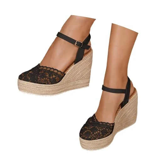 Offerta a tempo: Lggwunsi espadrillas nere, Sandali Da Donna Estivi, Espadrillas Con Zeppe, Piattaforma Scarpe A Punta Chiusa, In Pizzo, Comodità, Cinturino Alla Caviglia, Vintage Per Vacanze, Tacco Chiuso, Nero, 37 - 0.00% da 29.98 € a 29.98 €