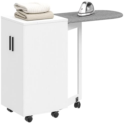 Offerta a tempo: HOMCOM Mobile Asse da Stiro 2 in 1 con Ruote di Freno, Mobile da Stiro Multiuso con Ripiano Regolabile e Chiusura Soft Close, per Lavanderia, Bagno, 128x43x83 cm, Bianco - 0.00% da 93.95 € a 93.95 €