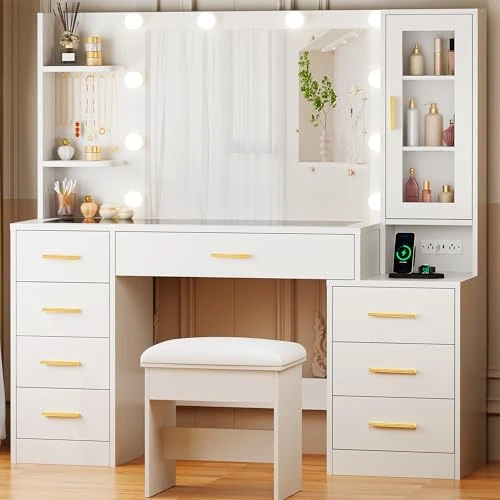 Offerta a tempo: BEWISHOME Grande Toeletta Trucco con Luci e Specchio, Illuminazione a LED Regolabile, Toeletta Trucco con Piano in Vetro, Moderna Trucco con 8 Cassetti, Prese, per la Camera da Letto, Bianco EFST67W - 17% da 179.99 € a 148.90 €