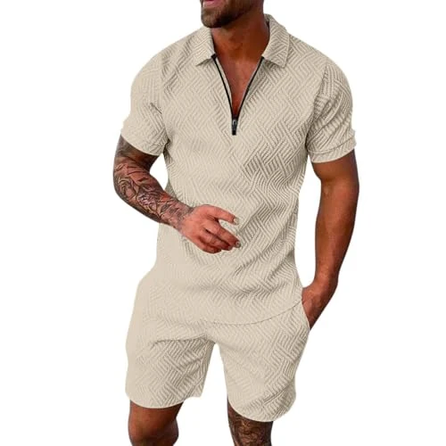 Offerta a tempo: Nuqqichongtian Completo Palestra Uomo,Tuta Uomo Sportiva Maniche Corte Cerniera T-Shirt e Pantaloncini Estiva 2 Pezzi Set Completo Completa Cotone Leggero Tute Due Maglietta E Complete Beige L - 0.00% da 25.98 € a 25.98 €