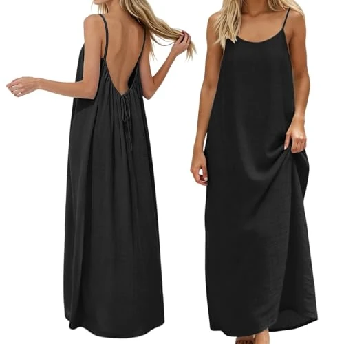 Offerta a tempo: Vestiti Estivo Donna Abito con Schiena Scoperta Vestito da Mare Boho Chic Dresses Vestito Lungo con Spalline Sottili Elegante Abiti Cerimonia Caftano Scollato Senza Maniche Taglie Forti Tinta Unita - 0.00% da 15.98 € a 15.98 €