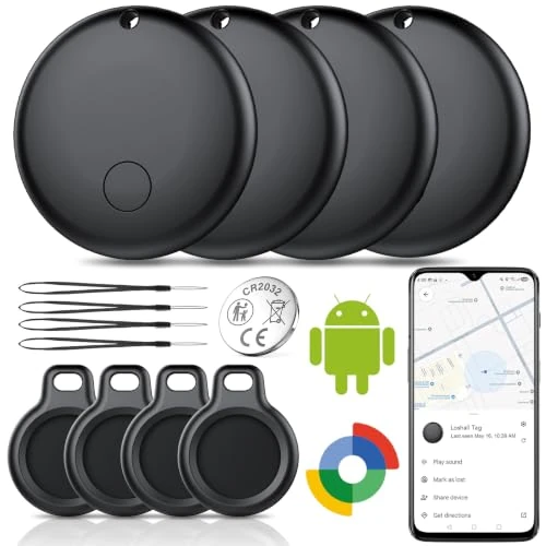 Offerta a tempo: Android Smart Tag, Tracker con Google's Find Hub (Solo Android), IP68 Impermeabile, Bluetooth Localizzatore con Custodia Protettiva, Trova Oggetti per Chiavi/Bagagli/Portafogli, 4 Nero - 70% da 99.99 € a 29.99 €