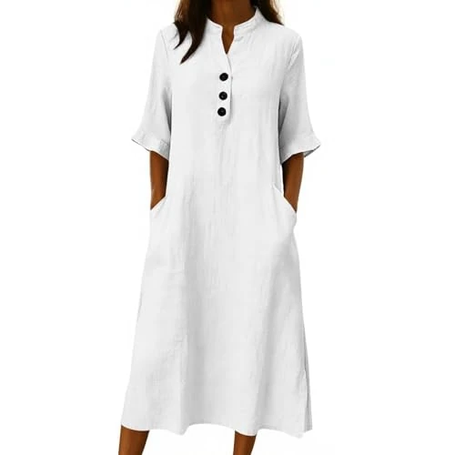 Offerta a tempo: Vestiti Donna Estivi,Vestiti Estivi Donna Lino Abiti Casual Eleganti Vestito V Manica Larghe Abito Vacanza Comodo Taglie Forti Summer Dress Spiaggia Copricostume Prendisole Bianco L - 0.00% da 26.98 € a 26.98 €