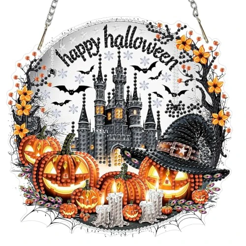 Offerta a tempo: MOTGOM 5D Diamond Painting Pendente Ciondolo Kit Castello di Halloween, Pittura Diamante per Acchiappaluce, Diamond Painting Artigianale Per La Decorazione Della Parete Di Casa 20x20cm - 43% da 13.98 € a 7.98 €