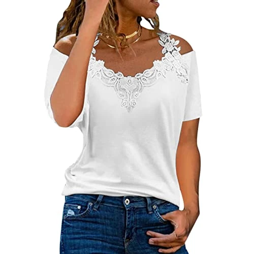 Offerta a tempo: Top Pizzo Donna,Top con Spalle Scoperte da Donna Magliette estive Scollo a V Tagliate Camicette Maniche Corte in Pizzo Eleganti Camicia Pannello Sexy Casual Larghe e Solide Bianco M - 0.00% da 17.98 € a 17.98 €