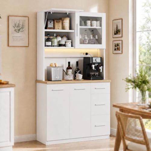 Offerta a tempo: JUMMICO Buffet, 100 x 40 x 182 (H) cm, Armadio da Cucina con 2 Prese e Strisce LED 3000K, Buffet da Cucina con Ripiani Regolabili e Piano di Lavoro da 24 mm - 0.00% da 209.99 € a 209.99 €