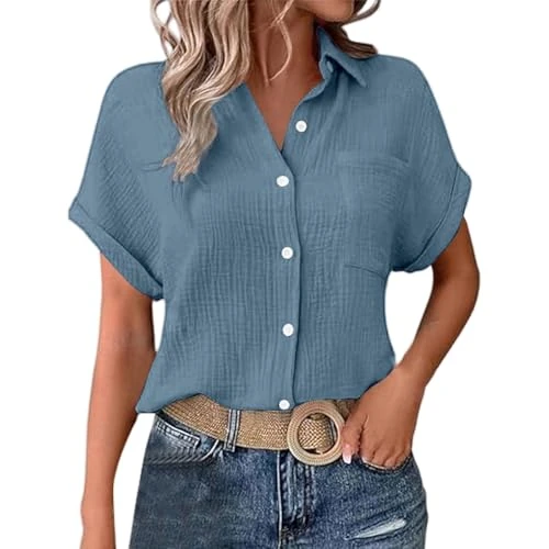Offerta a tempo: Kswlwccpp Camicie Estive Donna, Camicia di Lino Donna Elegante Curvy Estiva Manica Corta Camicetta Cotone Casual Button Down Magliette Tinta Unita Oversize Non Stiro Blusa - 0.00% da 12.98 € a 12.98 €